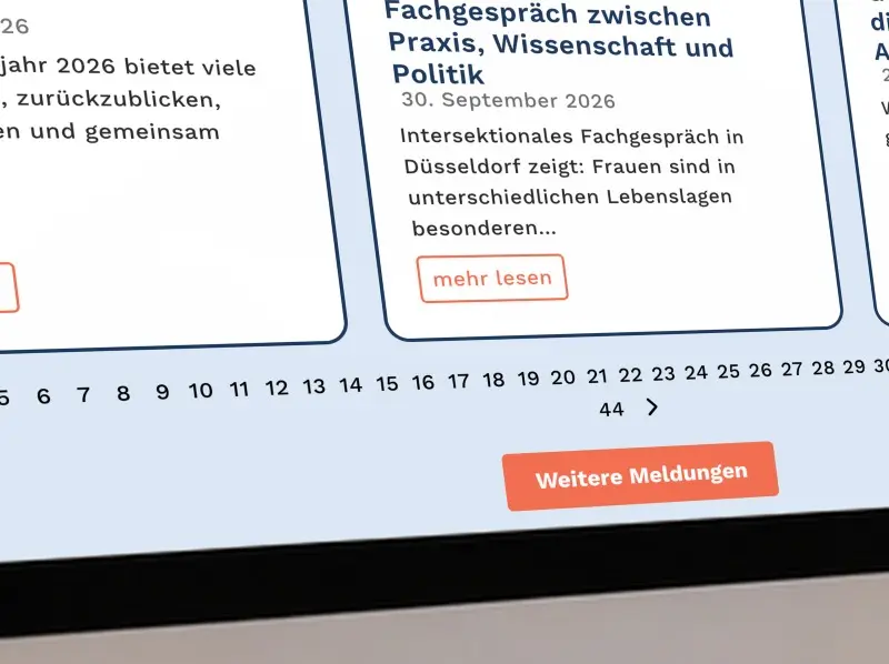 Nachrichtenarchiv mit Seitennummerierung und dem Button Weitere Meldungen