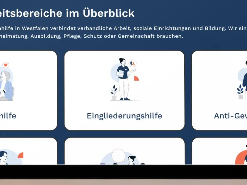 Eigens entwickelte Illustrationen der Arbeitsbereiche, von der Altenhilfe bis zur Pflege-Ausbildung
