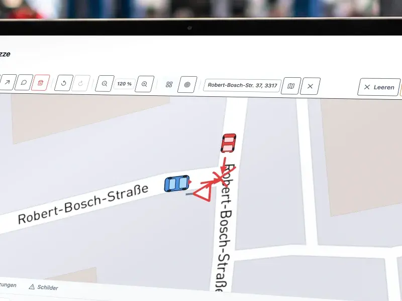 Der Unfall-Skizzierer mit Kartenhintergrund, Fahrzeugen und Pfeilen