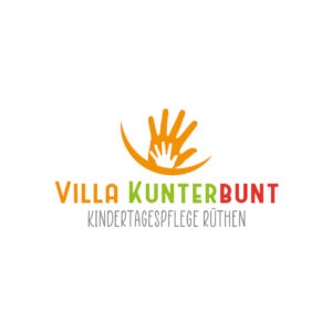 Logo Villakunterbunt: Orangene Hand mit einer weißen aufliegend